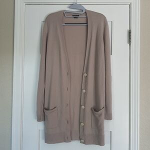 Theory Alvina Cashmere Long Cardigan Womens M Beige Button Ribbed Trim